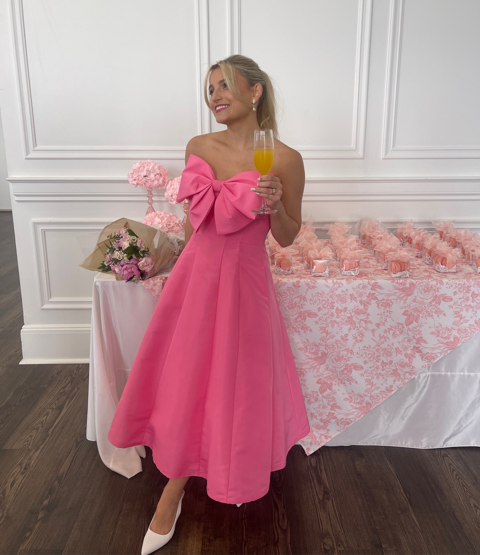 Pink feminine classic bridal shower dress with bow 