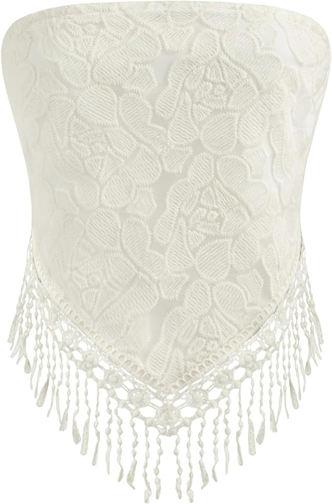 CIDER Santorini Beach Vacation Floral Lace Tassel Crop Tube Top | Amazon (US)