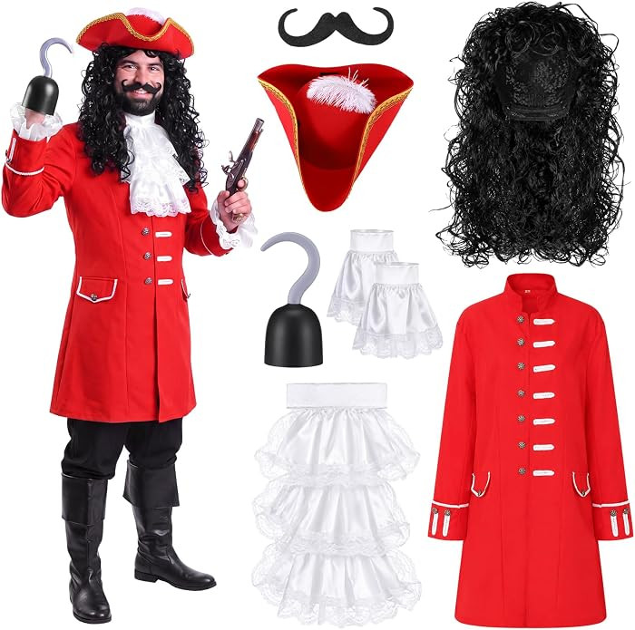 7 Pcs Pirate Captains Halloween Costume for Adult Red Tailcoat Jacket Mustache Hook Wig Feather Hat Jabot Cuffs | Amazon (US)