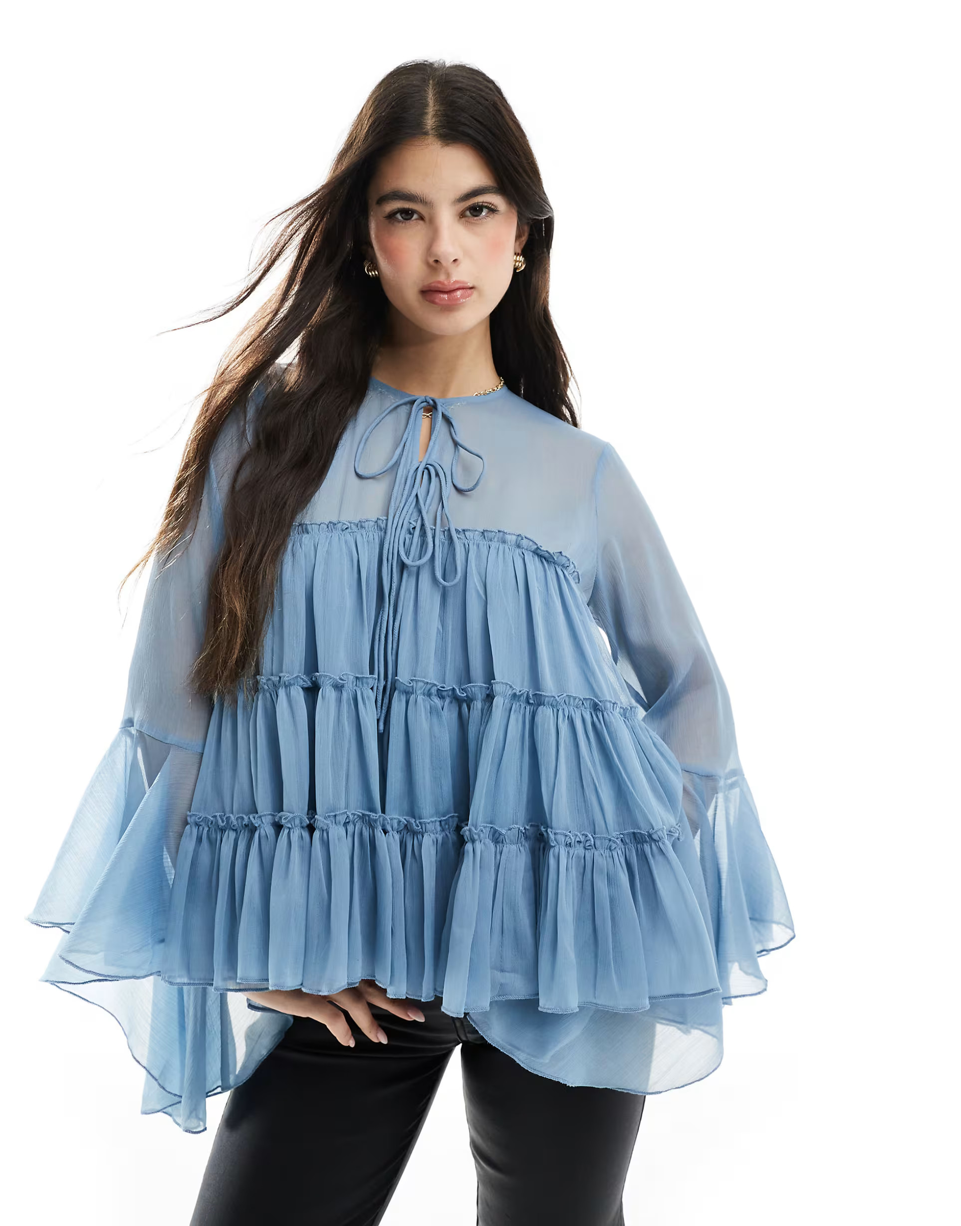 ASOS DESIGN tie front tiered blouse with ruffle cuffs in blue | ASOS | ASOS (Global)