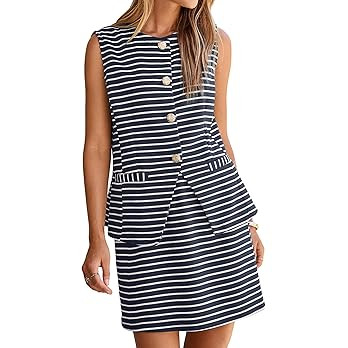 Simplee Women's Summer 2 Piece Outfits 2026 Striped Sleeveless Matching Sets Button Down Vest Wai... | Amazon (US)