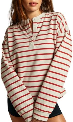 Almere Oversized Cotton Henley Longsleeve Tee, Striped Button Down, Boyfriend Fit | Amazon (US)