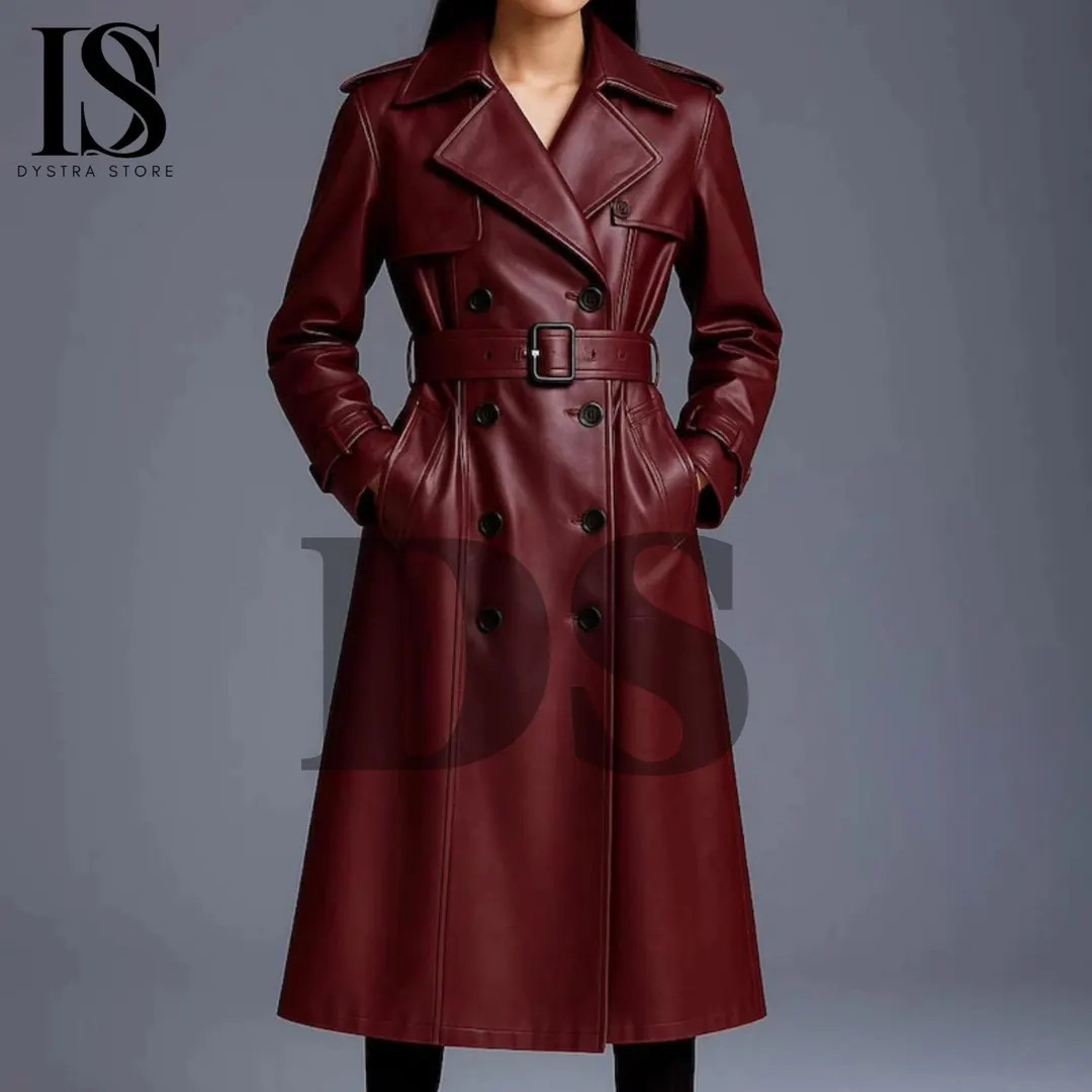 Burgundy Sheep Leather Trench Coat: Double-Breasted Belted Overcoat | Etsy (US)