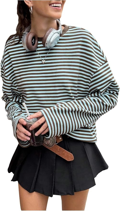 Floerns Women's Striped Long Sleeve T Shirts Fall Clothes Crew Neck Loose Tee Tops | Amazon (US)