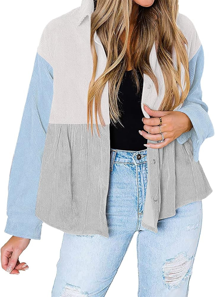 Eomenie Corduroy Jacket for Women Button Down Shirts Boyfriend Long Sleeve Oversized Blouses Tops | Amazon (US)