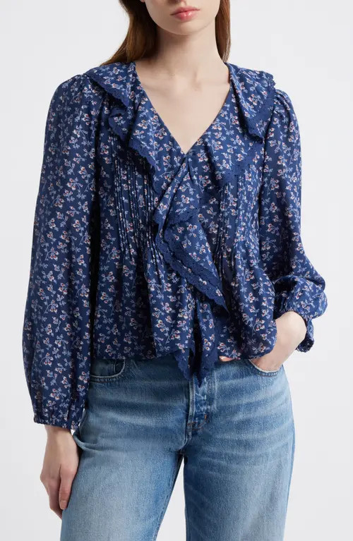 Madewell Lace Insert Ruffle Pintuck Long Sleeve Top in Ditsy Bouquet Floral at Nordstrom, Size Medium | Nordstrom