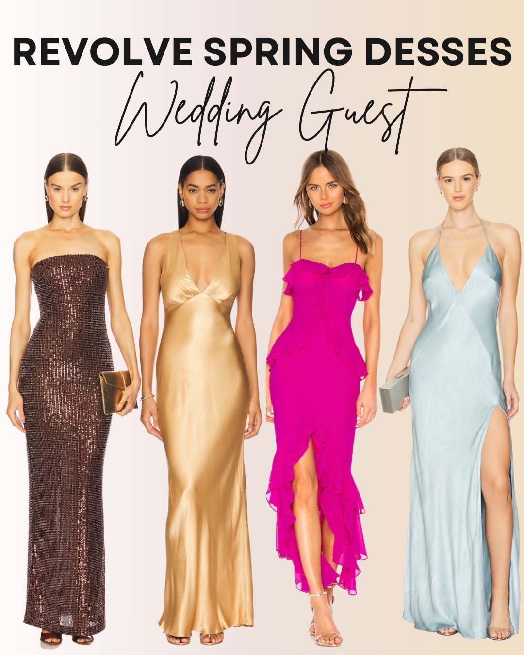 These wedding guest dresses from Revolve are perfect for spring events, offering a chic mix of textures and colors. From a sequin strapless gown to satin slip dresses and a bold hot pink ruffle midi, each look brings elegance and flair for every dress code. 

#LTKSeasonal
