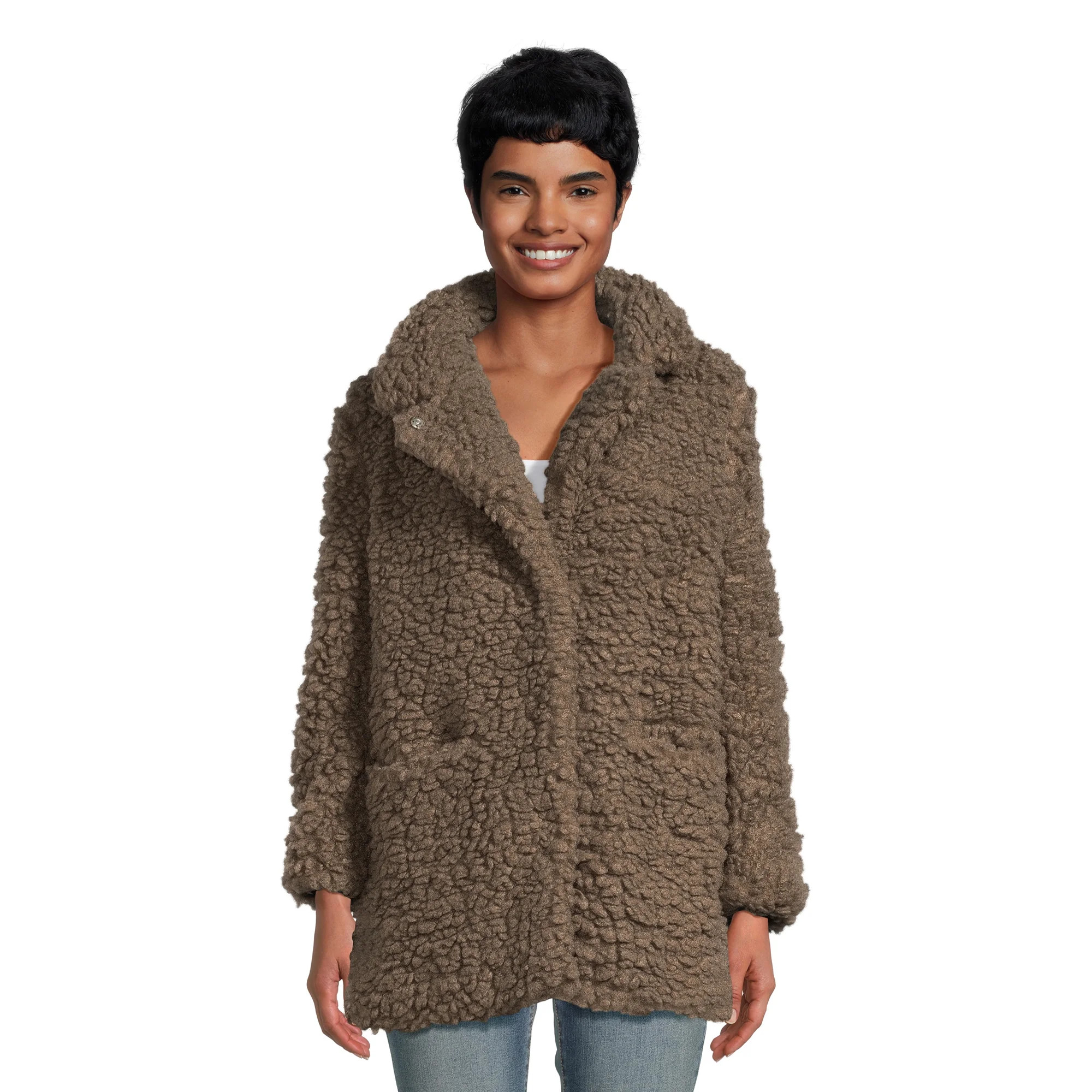 XOXO Women’s Oversized Faux Sherpa Coat with Pockets - Walmart.com | Walmart (US)