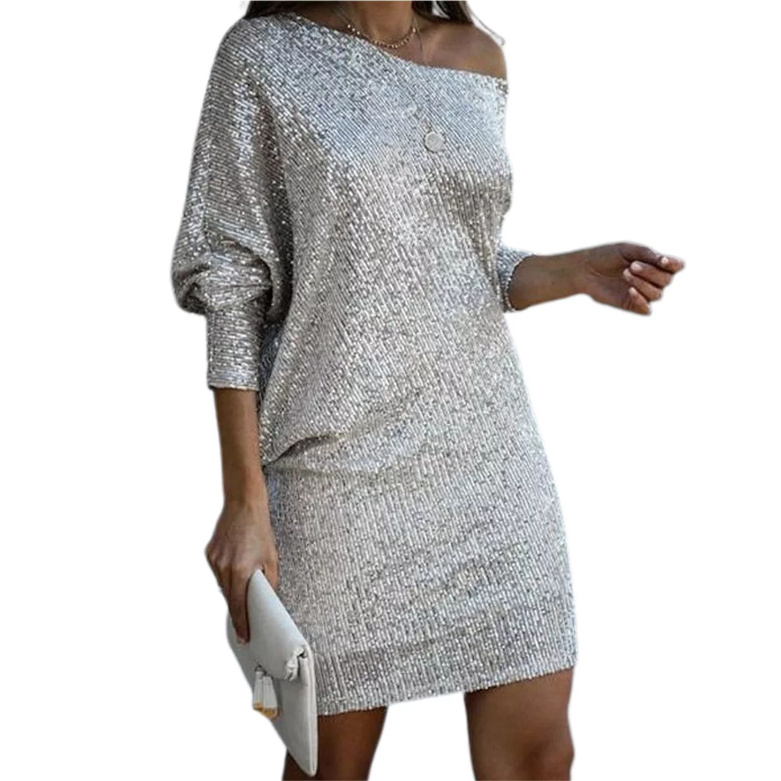Jxuto Women Dress Glitter Sequins Long Sleeve Polyester Strapless Sexy Pullover Dresses for Banqu... | Walmart (US)