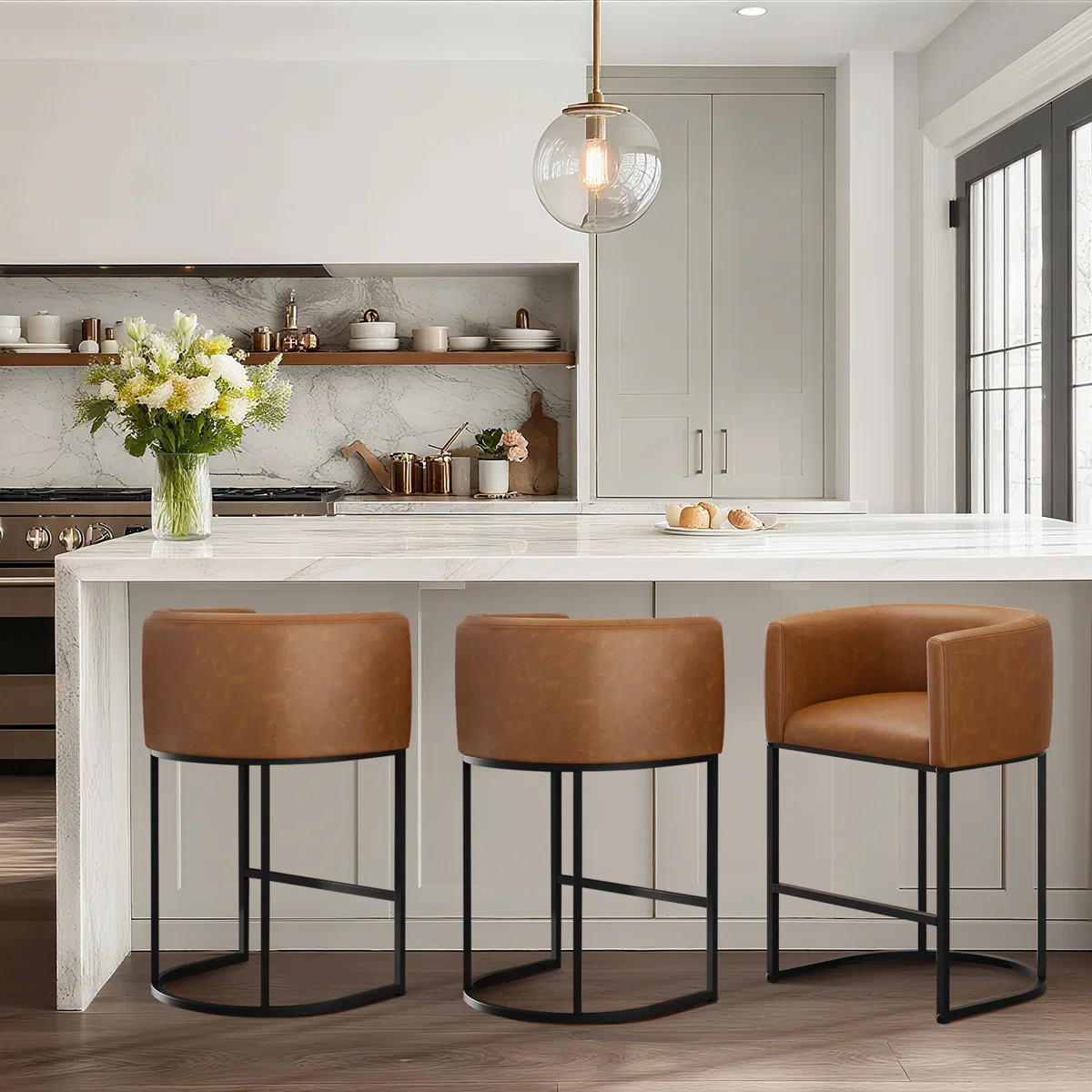 Mid-century  Modern PU Leather Counter Stool Barrel Counter Height Stools Set of 3 | Wayfair North America