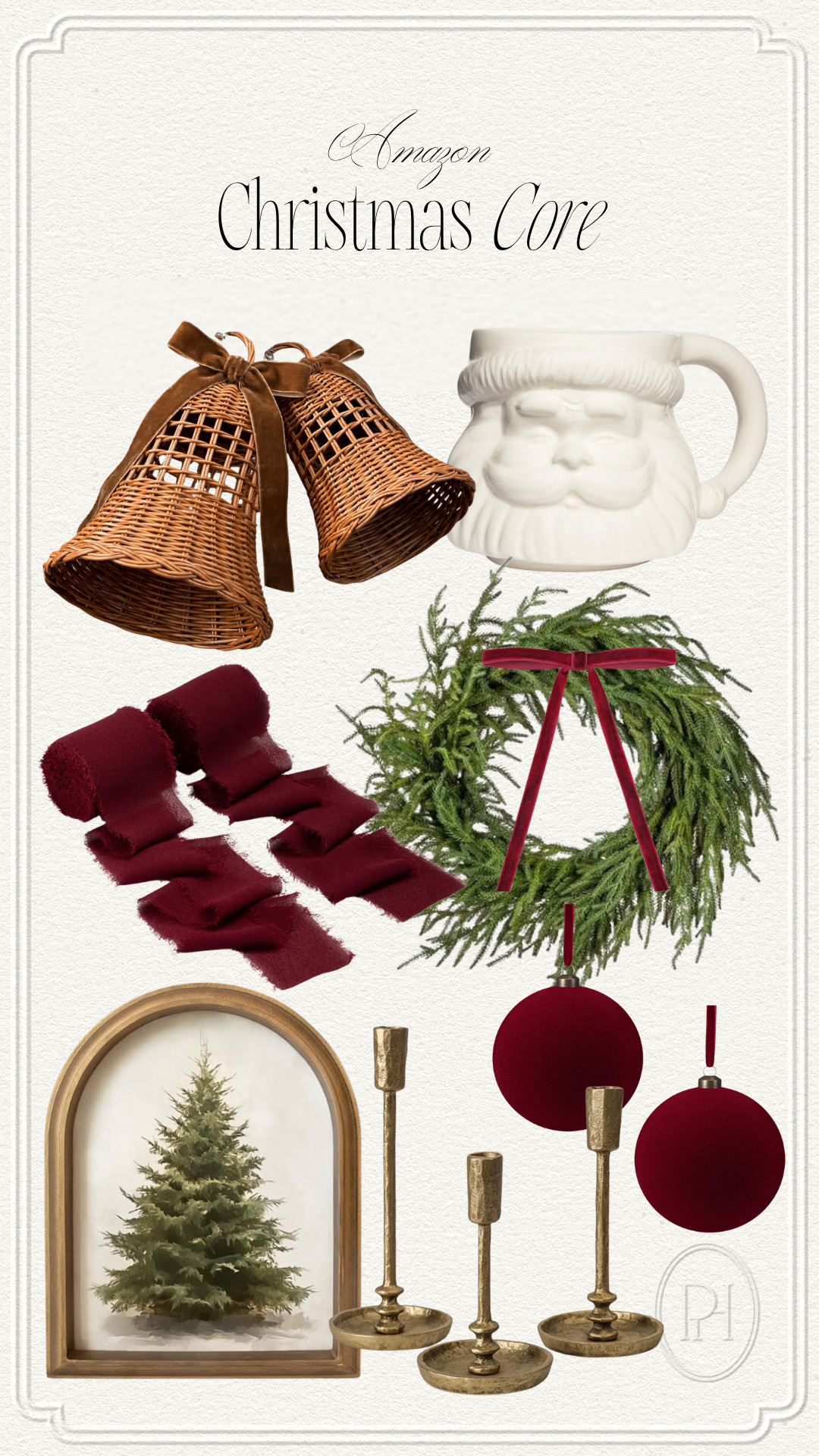 Christmas core finds from Amazon I'm loving for the holiday season!

Christmas decor, Christmas accents, holiday decor, holiday accents, wicker bells, rattan bells, Santa mug, holiday coffee mug, Christmas mug, burgundy ribbons, burgundy bows, red bows, Christmas artwork, holiday wall art, gold candle holder, brass candlesticks, tapered candlesticks, velvet Christmas ornaments, burgundy ornaments, Christmas wreath, holiday wreath, evergreen wreath 

 #LTKSeasonal #LTKHome