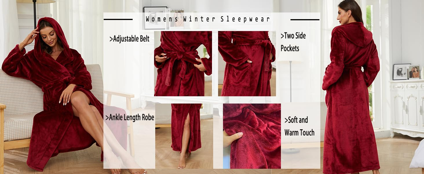 HEARTNICE Womens Long Hooded Plush Robe, Soft Thick Warm Fleece Bathrobe Full Length House Coat | Amazon (US)