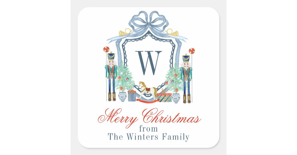 Watercolor Nutcracker Monogram Crest Christmas Square Sticker | Zazzle | Zazzle
