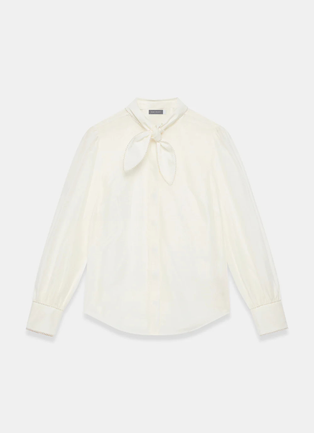 Cream Pearl Trim Tie Neck Blouse | Mint Velvet