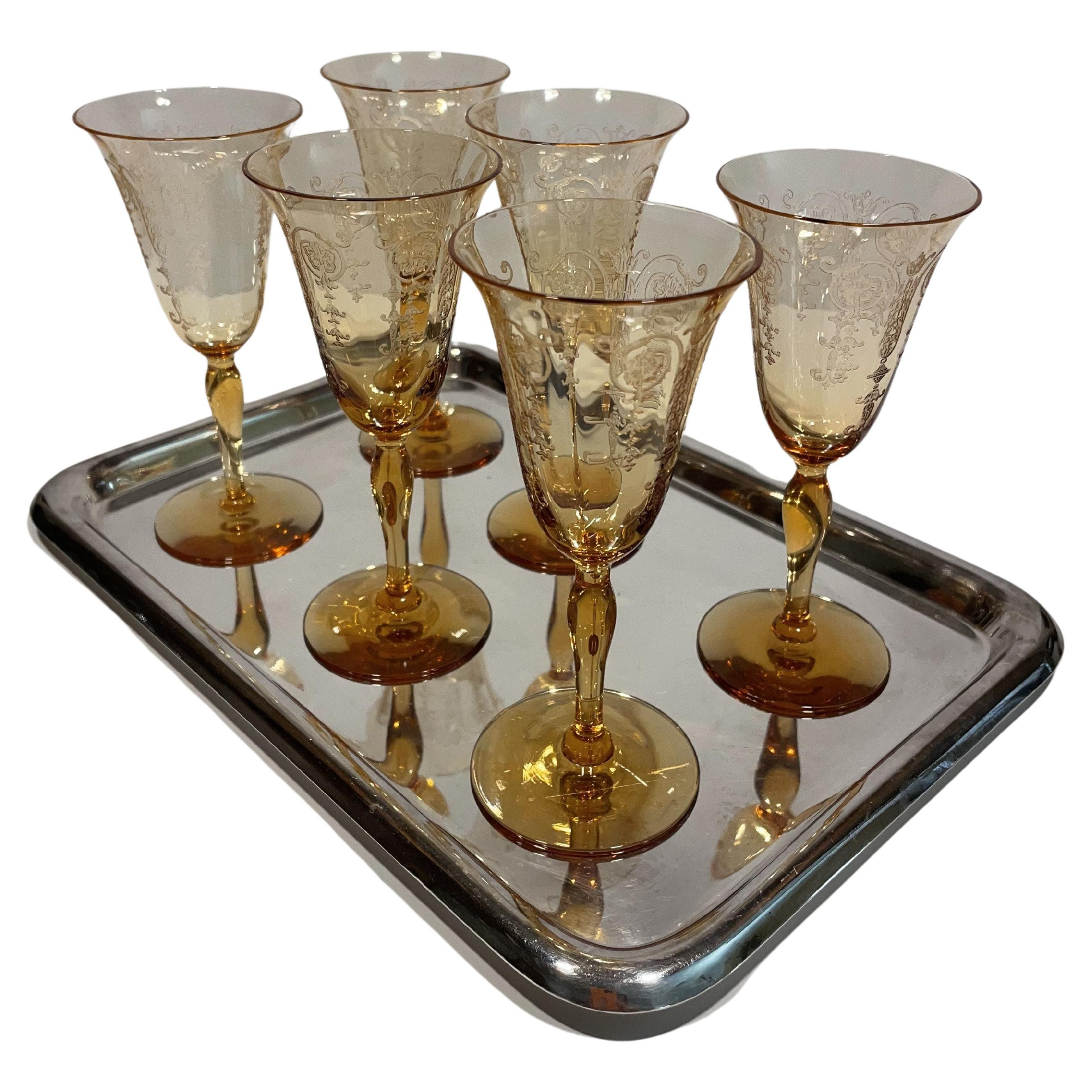 1930s Set of 6 Amber Crystal Aperitif Glasses with Silver-Plate Drinks Tray | 1stDibs