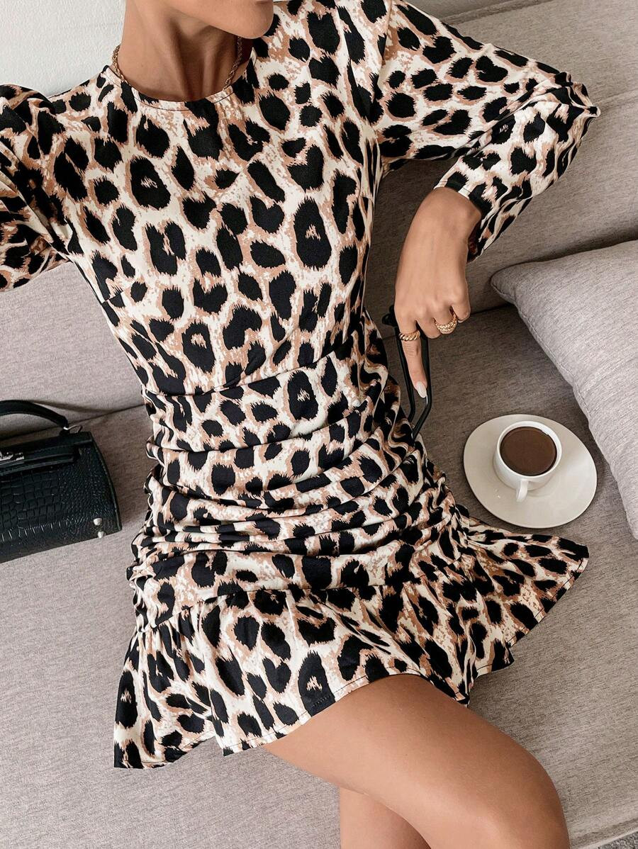 Serisse Women's Leopard Print Crew Neck Long Sleeve Ruched Fashion Mini Dress,Ruffle Hem Fall Dre... | SHEIN