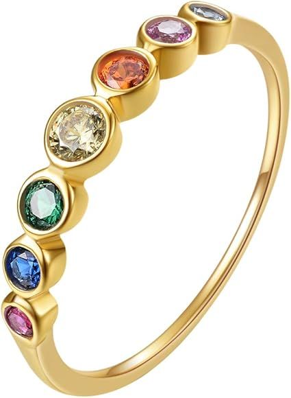 E 18K Gold Plated Rainbow Eternity Ring, Colorful Cubic Zirconia Band Stackable Ring, Jewelry Gif... | Amazon (US)