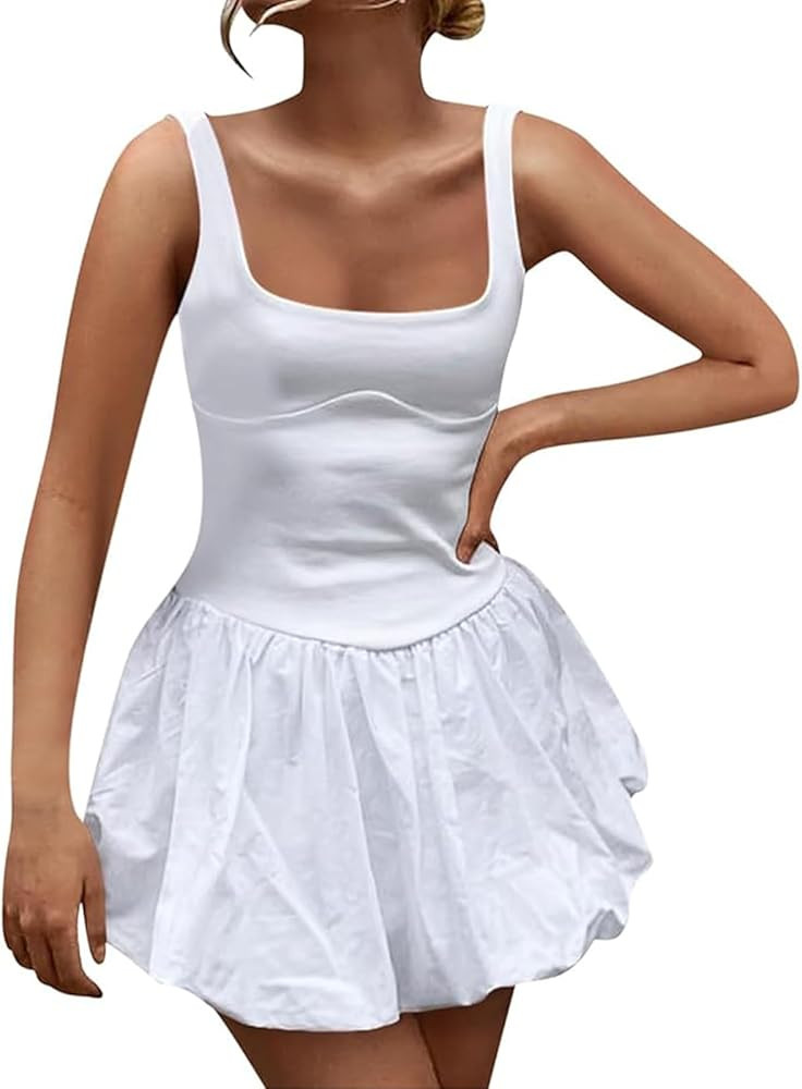 Women Summer Mini Dress Sleeveless Bubble Hem Tank Dress Balletcore Puffy Short Dresses Party Clu... | Amazon (US)
