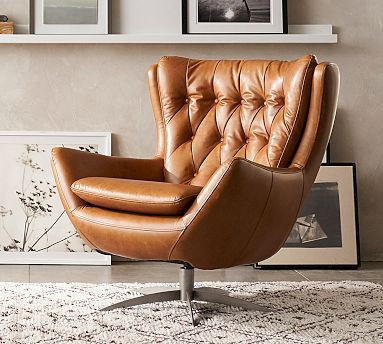Wells Tufted Leather Swivel Chair | Pottery Barn (US)