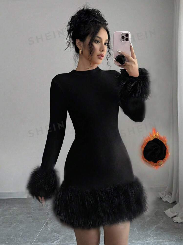 SHEIN Raffinéa Women Crew Neck Long Sleeve Fuzzy Patchwork Casual Mini Sweater Dress | SHEIN