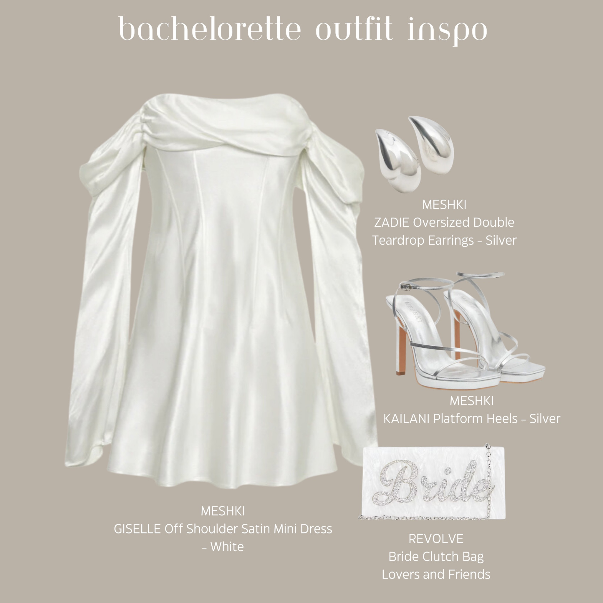 Bachelorette outfit Inspo look #3🤍

Items-
Meshki- Giselle off the shoulder satin mini dress 
Meshki- Zadie oversized double teardrop earrings 
Meshki- Kailani platform heels
Revolve- lovers & friends - bride clutch bag 













Fashion, fashion Inspo, fashion looks, outfit Inspo, outfit ideas, bachelorette, bachelorette dress, bachelorette outfit, bachelorette outfit Inspo, bachelorette outfit ideas white mini dress, silver heels, silver earrings, bottega dupe, teardrop earrings, bride clutch

#LTKstyletip