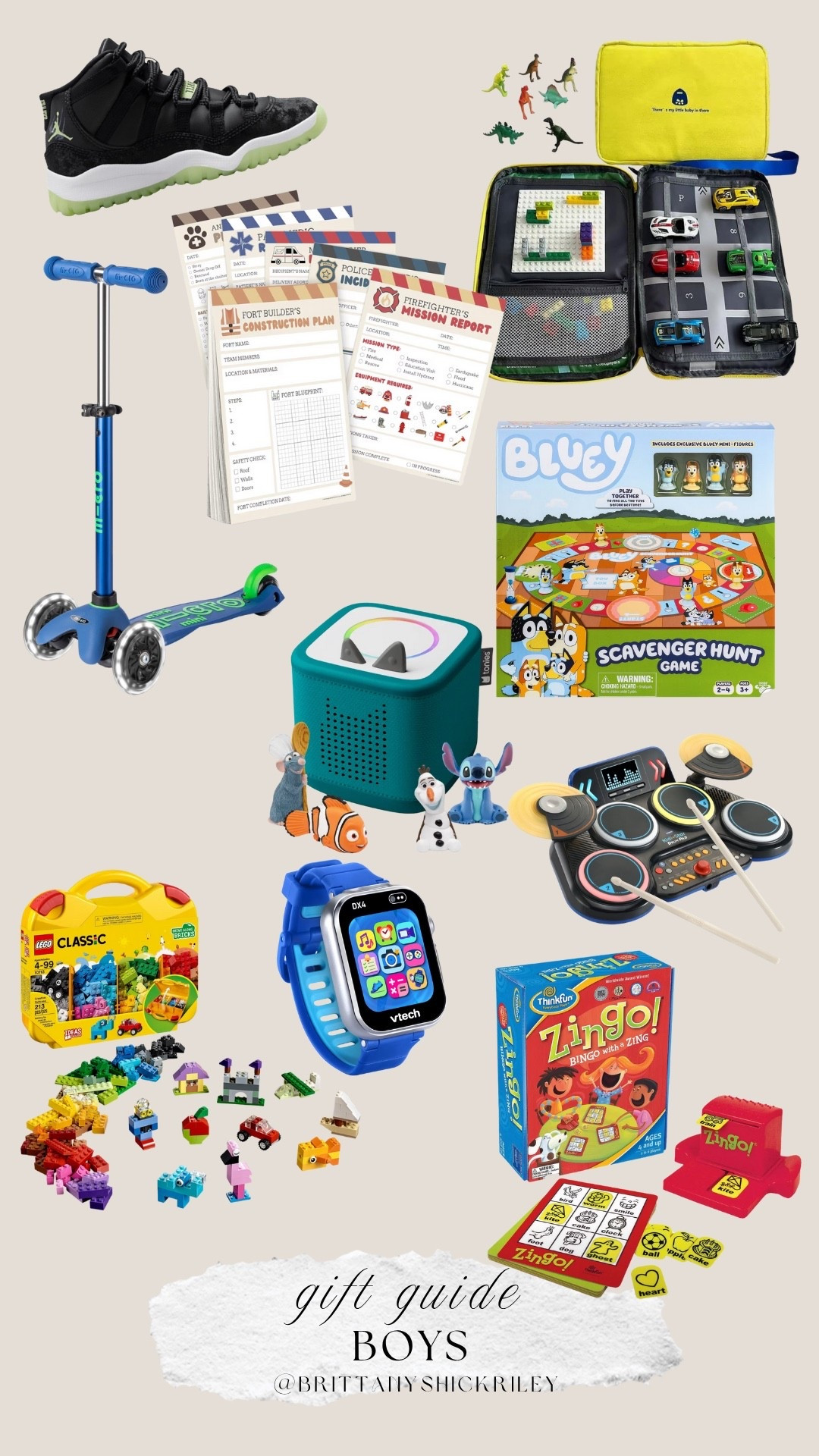 Gift guide for boys toddler scooter play pretend notepads bluey scavenger hunt Zingo board game digital watch Lego Jordan Nike shoes travel case cars legos 

#LTKKids #LTKFindsUnder50 #LTKGiftGuide