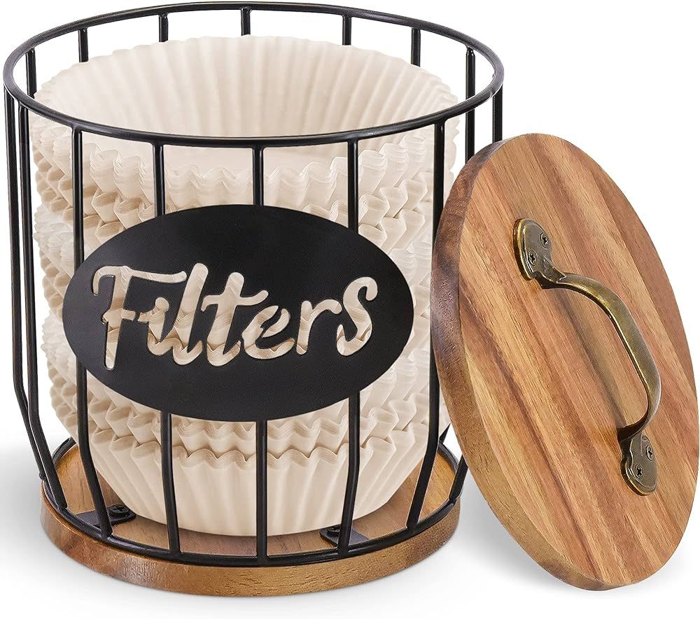 Amazon.com: Luneodoki Acacia Coffee Filter Holder with Lid, Rustic Storage Container Basket, Roun... | Amazon (US)