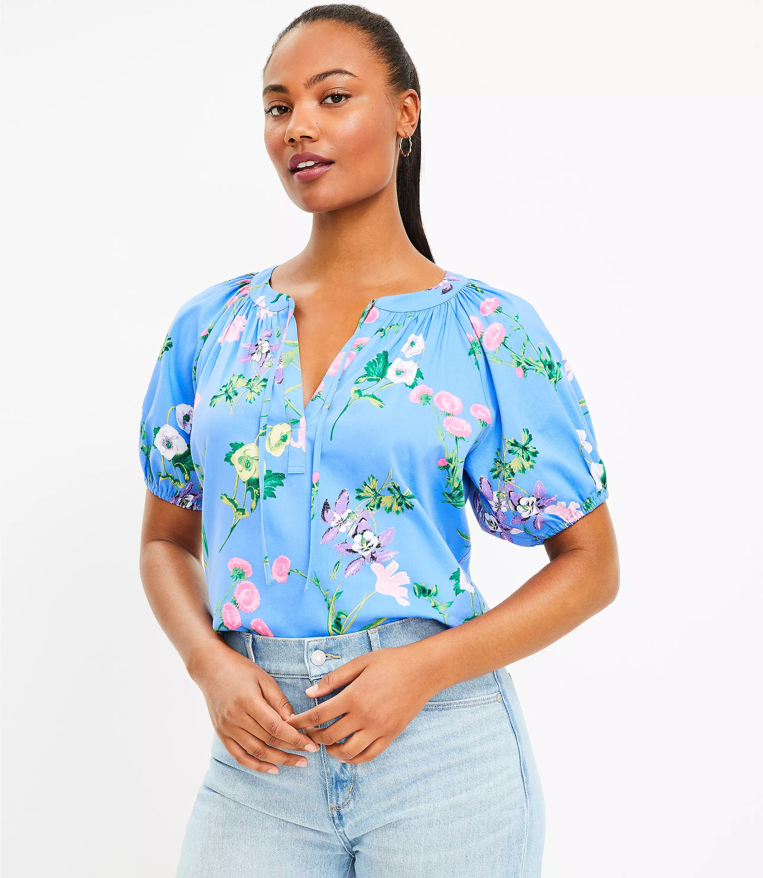 Garden Tie Neck Puff Sleeve Top | LOFT
