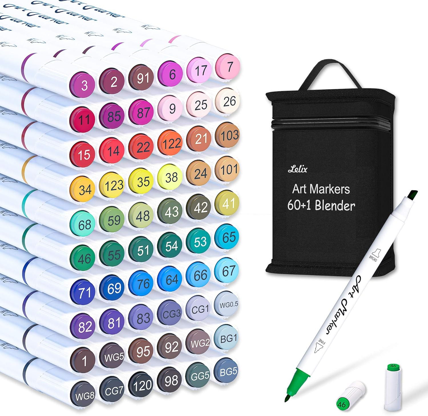 Lelix 61 Colors Alcohol Art Markers, 60 Colors Plus 1 Blender Dual Tip Permanent Marker Pens High... | Amazon (US)