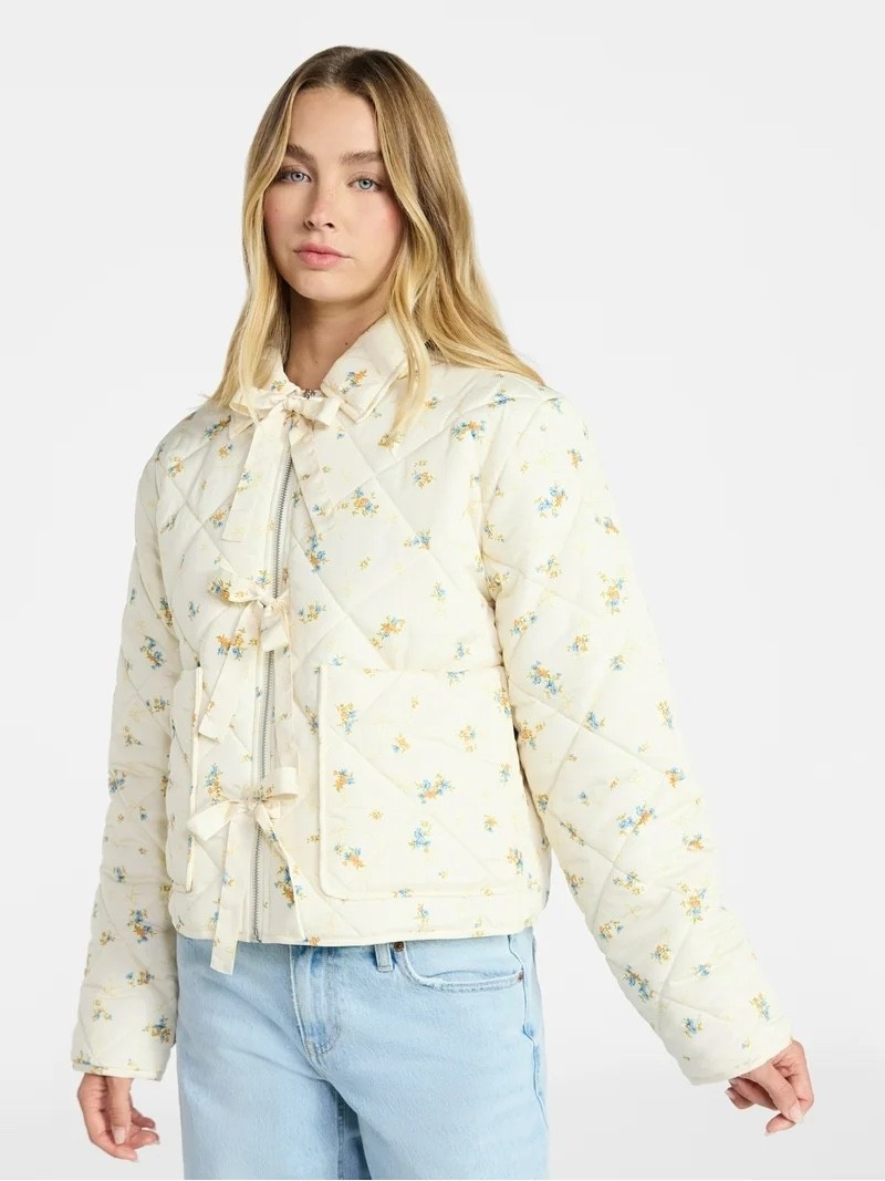 $22 cutest floral jacket with bows 😍 quilted jacket white jacket bow jacket spring new arrivals 