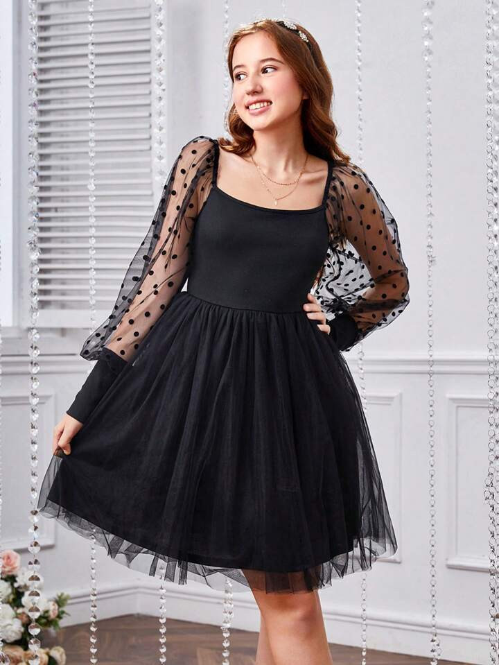 SHEIN Teenage Girl's Rib-Knit & Flocked Polka Dot Mesh Dress With Splicing Design | SHEIN