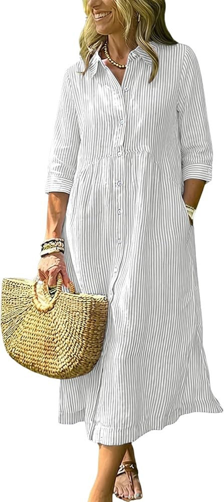 ebossy Women's Boho Striped Shirt Dress 3/4 Sleeve Button Up Side Slit Loose Mid Long Cotton Dres... | Amazon (US)