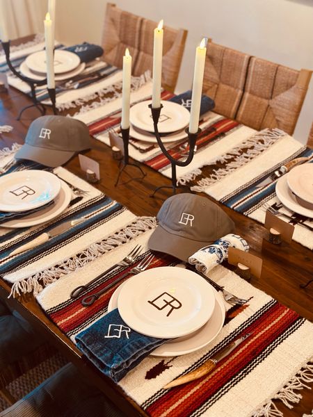 Last night we had two guests of honor and I pulled out our wool Aztec style placemats for dinner. 
The denim napkins my friend Betsey gave me were a perfect color and texture to layer and then I added placecards t get the right seating chart. 
We gave our guests son ranch Merch which you can see at their spots on the table. 


#LTKFind #LTKunder100 #LTKhome