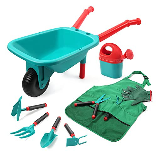 CUTE STONE Kids Gardening Tool Set, Garden Toys with Wheelbarrow, Watering Can, Gardening Gloves, Hand Rake, Shovel, Trowel, Double Hoe, Apron with Pockets, Outdoor Indoor Toys Gift for Boys Girls | Amazon (US)