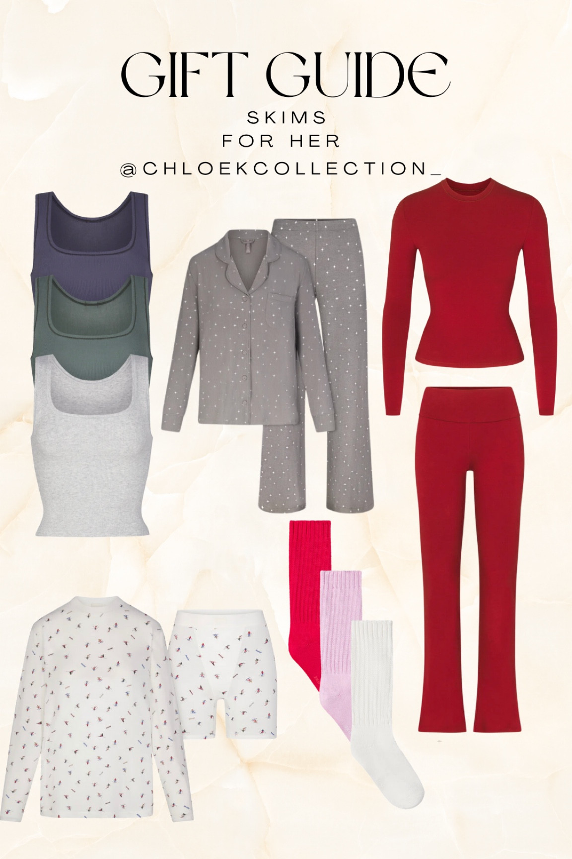 Gift Guide : Skims for her 
•
Skims 
Matching set 
Loungewear 

#LTKGiftGuide #LTKU #LTKHoliday