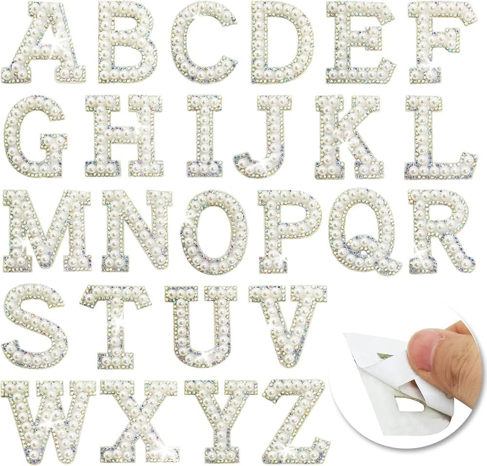 TrendyChic 26 Pcs A-Z Iron on Letter Pearl Rhinestone Glitter English Letter Patches Self-Adhesiv... | Amazon (US)