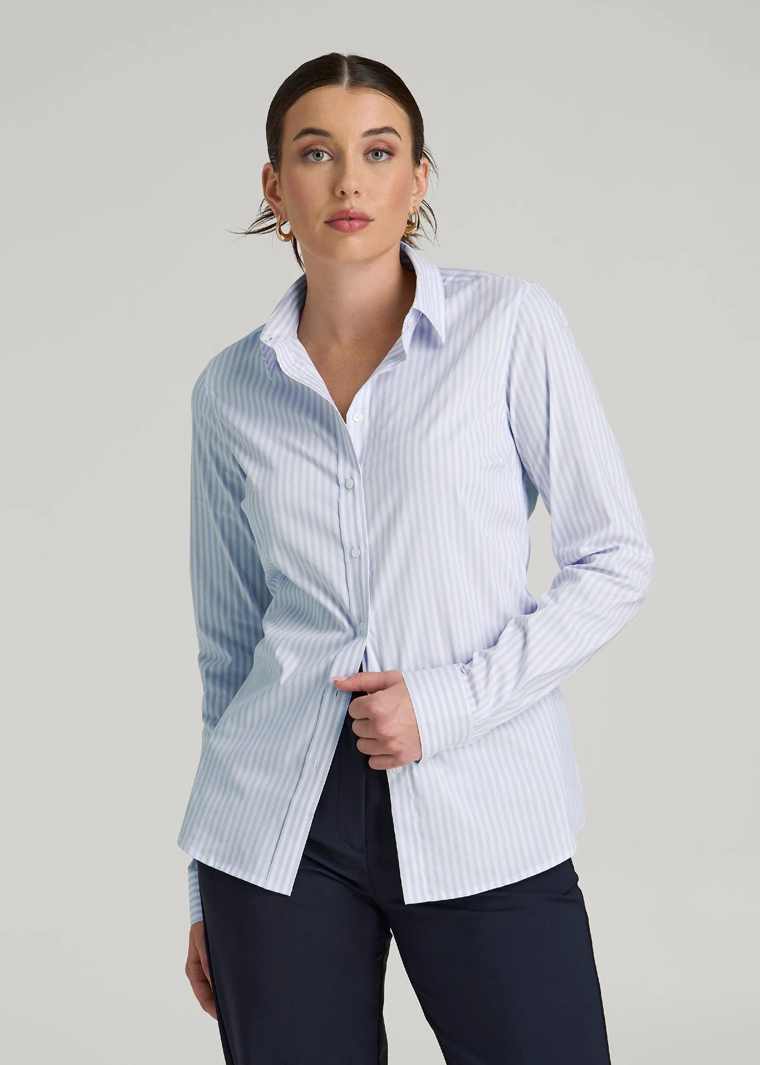 Slim Fit Button Up Shirt for Tall Women in Light Blue Stripe | American Tall