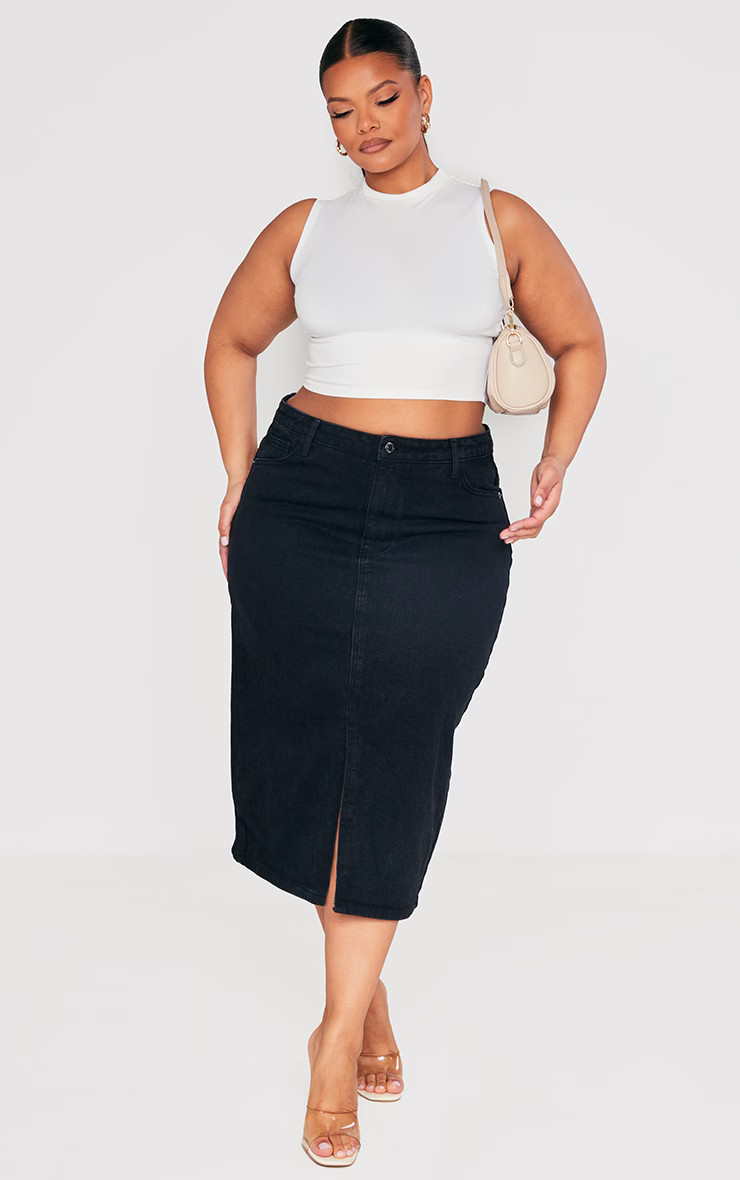 Plus Black Split Front Denim Midi Skirt | PrettyLittleThing US