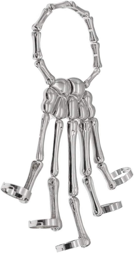 Men Women's Halloween Skull Skeleton Hand Bracelet With Ring (Silver) | Amazon (US)