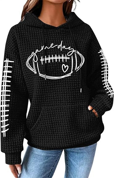 Game Day Hooded Sweatshirt for Women: Funny Football Graphic Shirt Football Season Waffle Knit Pu... | Amazon (US)