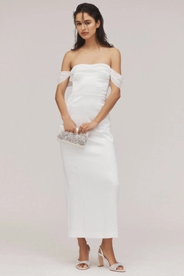 BHLDN Off-The-Shoulder Lace-Up Satin Column Midi Dress | Anthropologie (US)