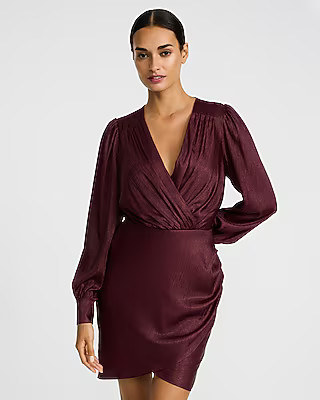 Metallic V-Neck Long Sleeve Wrap Mini Dress | Express