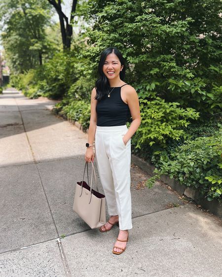 Black square neck tank (XS)
Black tank top
White pants (4P)
White work pants
Gold initial necklace
Taupe tote bag
Kate Spade All Day tote bag
Brown mule sandals (TTS)
Neutral outfit
Business casual outfit 
Smart casual outfit 
Summer work outfit 
Ann Taylor 

#LTKSeasonal #LTKworkwear #LTKFind
