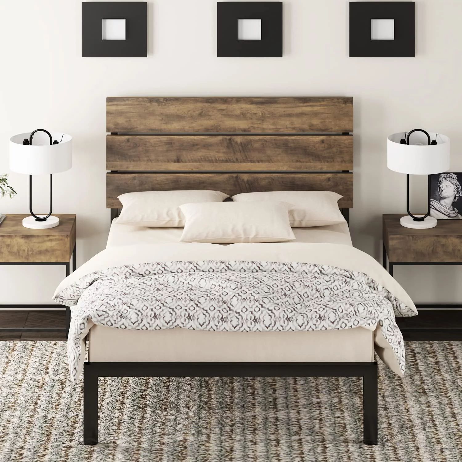Allewie Twin Size Rustic Country Style Wooden Headboard Metal Platform Bed with Strong Metal Slat... | Walmart (US)