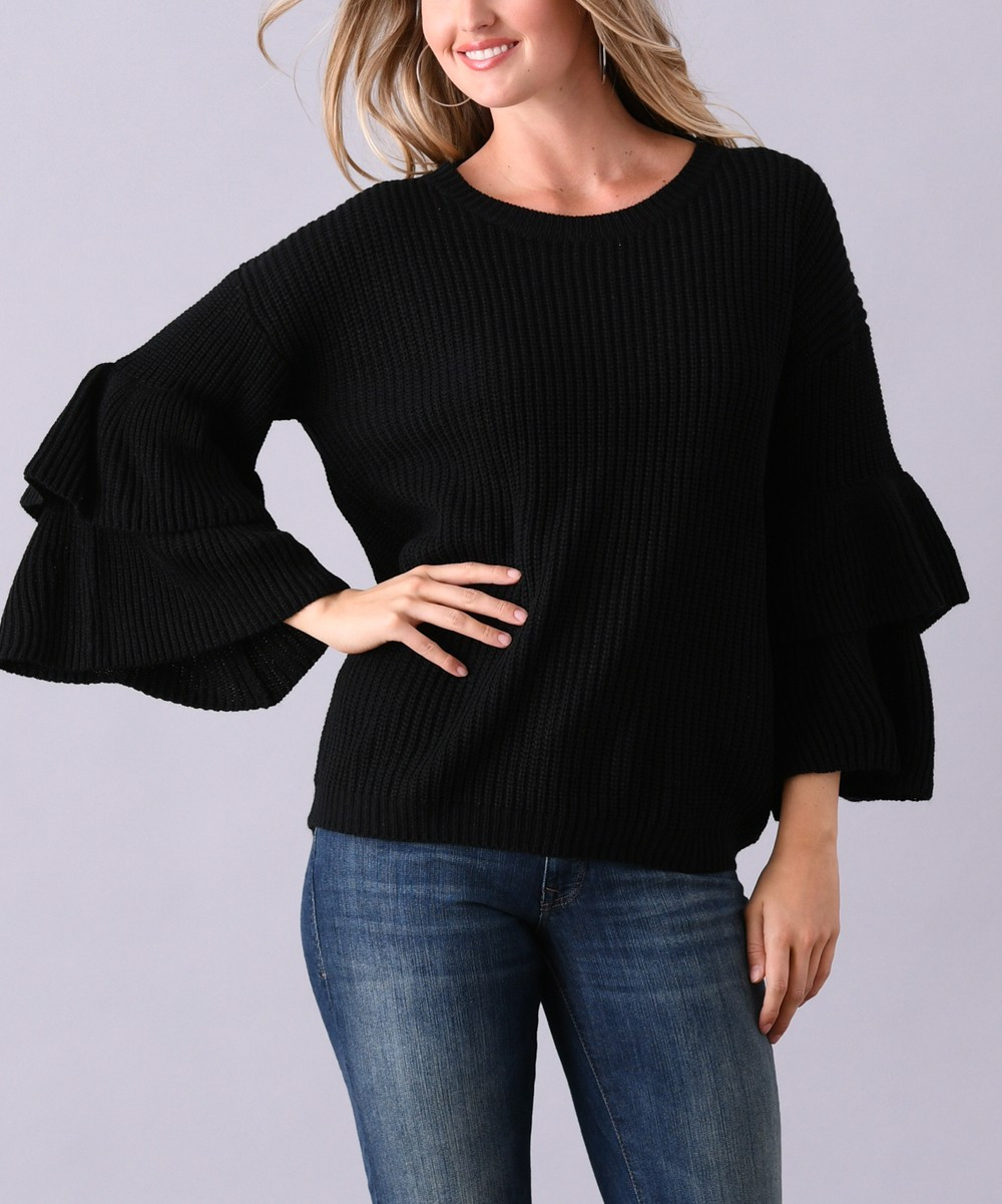 Black Tiered Bell-Sleeve Sweater - Women & Plus | zulily