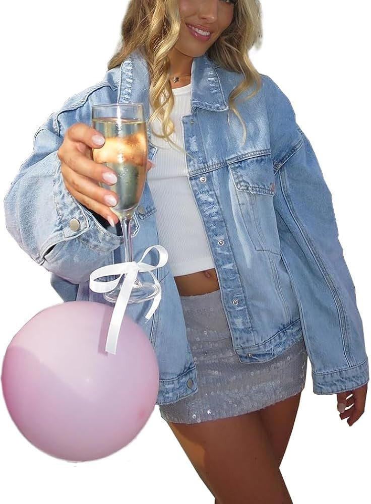 Women Distressed Light Wash Oversized Denim Jacket | Amazon (US)