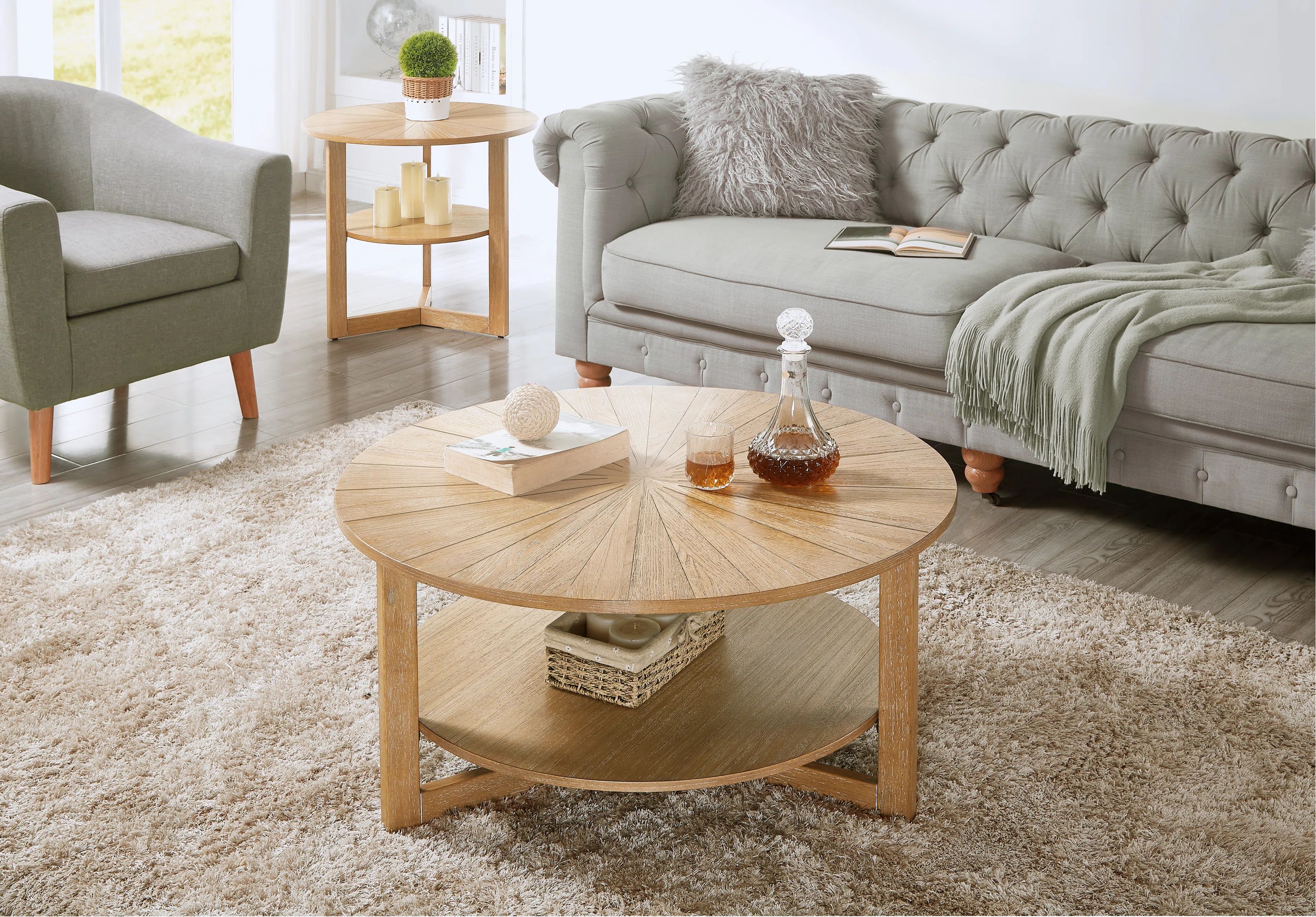 Laquella 35.3" Solid Round Wood Circle Center 2 Tier Wooden Rustic Natural Farmhouse Coffee Table | Wayfair North America