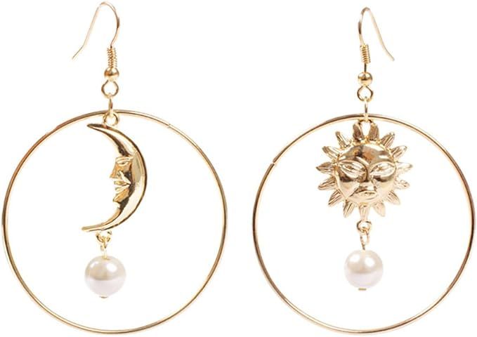 Sun Moon Asymmetric Imitation Pearl Earrings, Gold Annulus Pendant Earrings Drop Earrings | Amazon (US)
