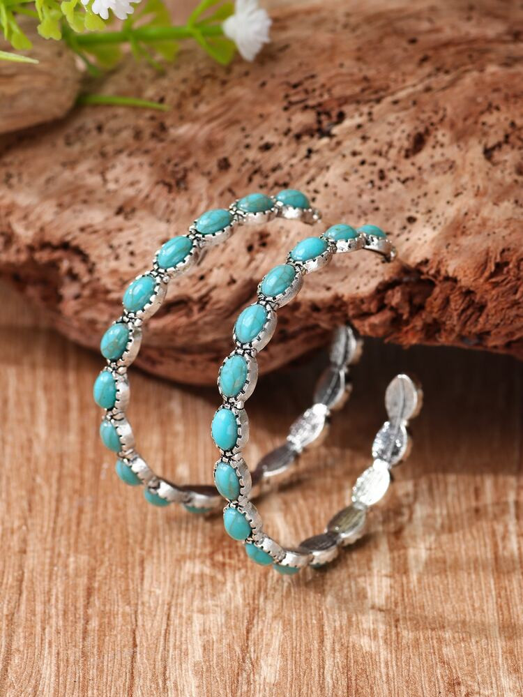 EMERY ROSE Turquoise Decor Open Hoop Earrings | SHEIN