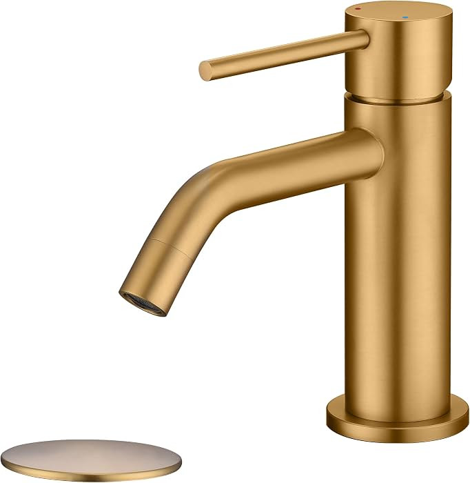 Brushed Brass Bathroom Faucet, Stainless Steel Single Handle Brass Bathroom Sink Faucet 1 Hole wi... | Amazon (US)